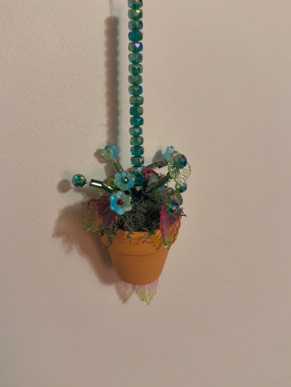 Hanging Beaded Mini Flower Pot Ornament - Teal & Amber